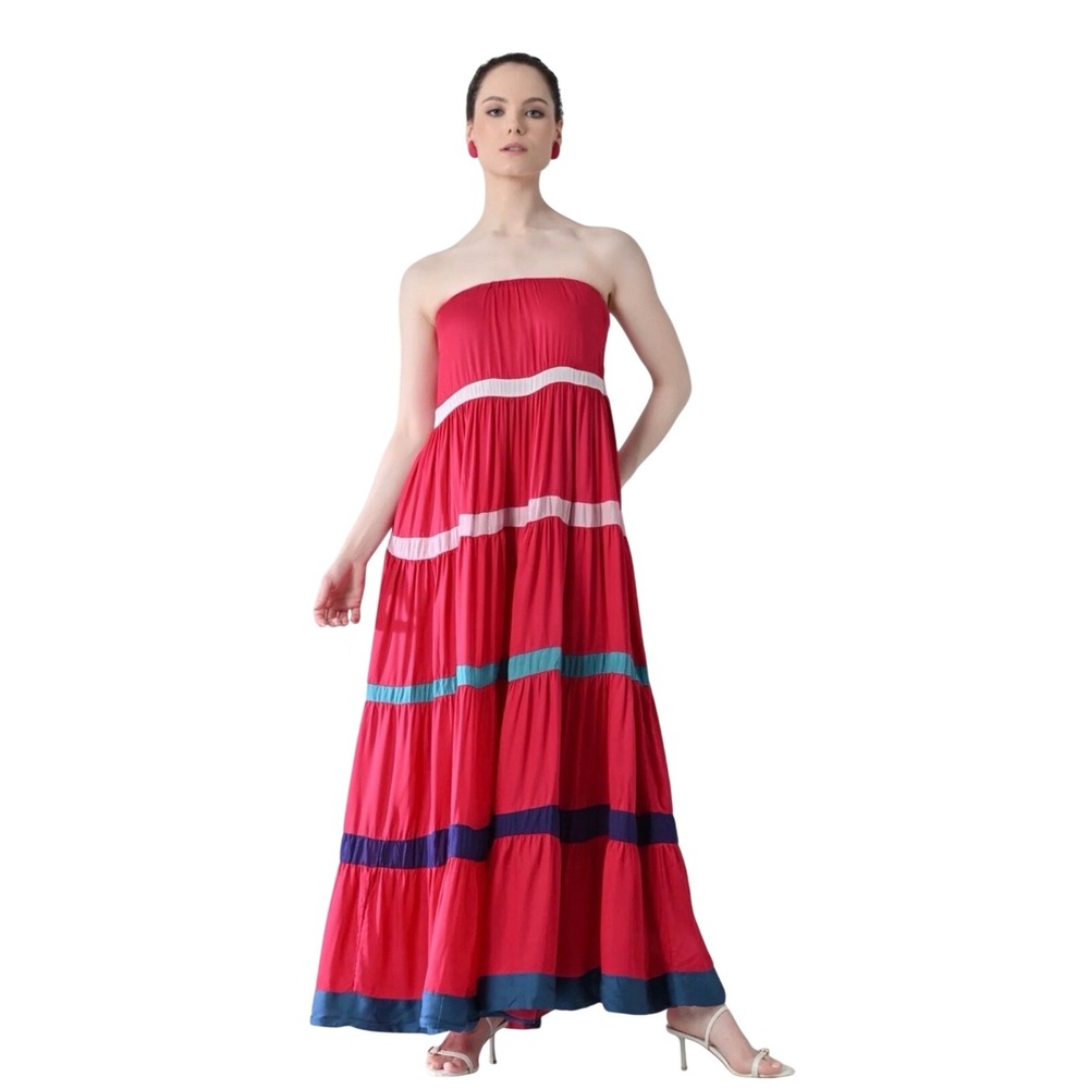 Samant Chauhan Anthropologie Strapless Tiered Maxi Dress MP Pink Colorblock NEW